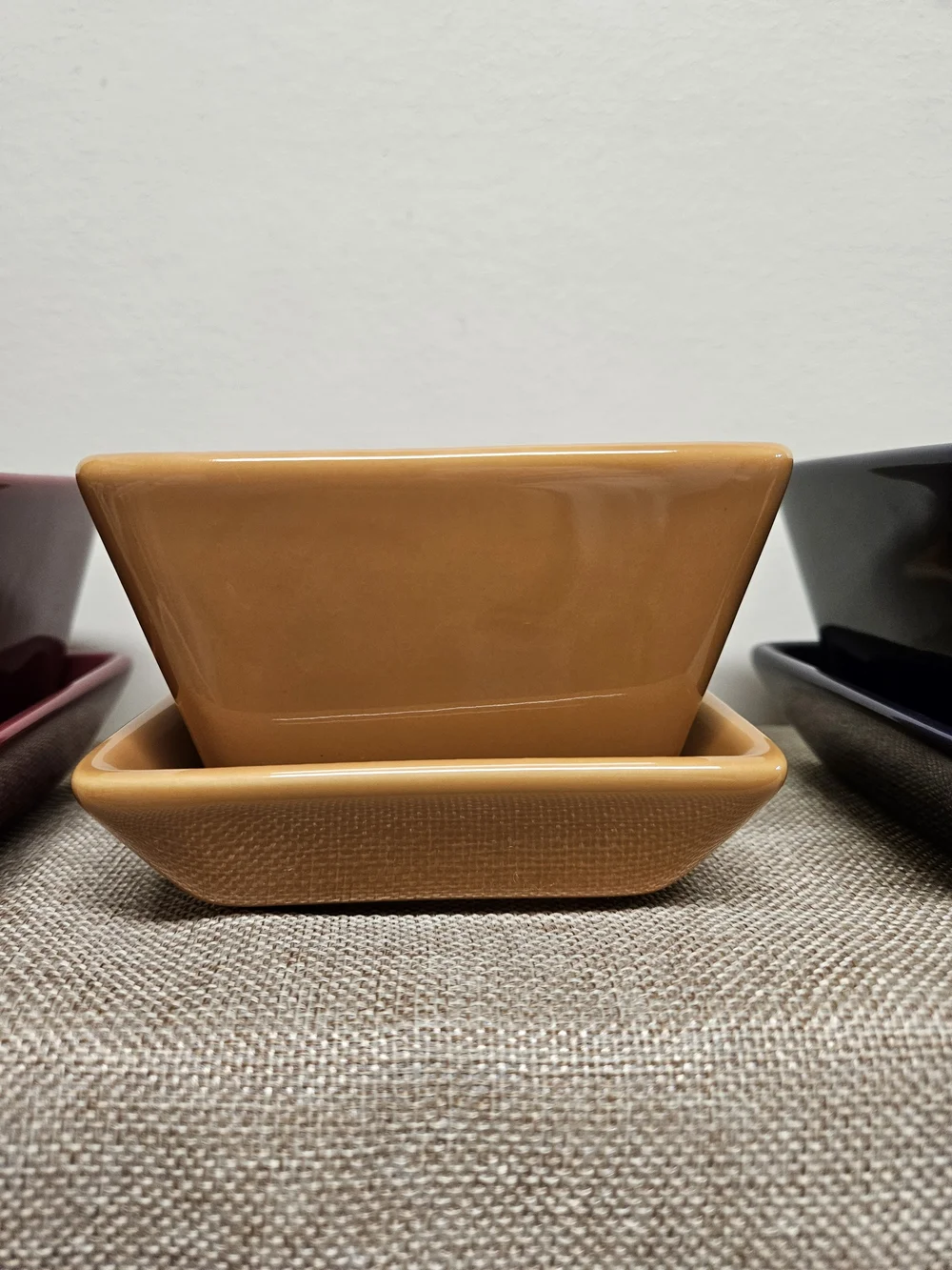 Pampered Chef Ceramic Snack Set in Burgundy, Mustard, and Navy
